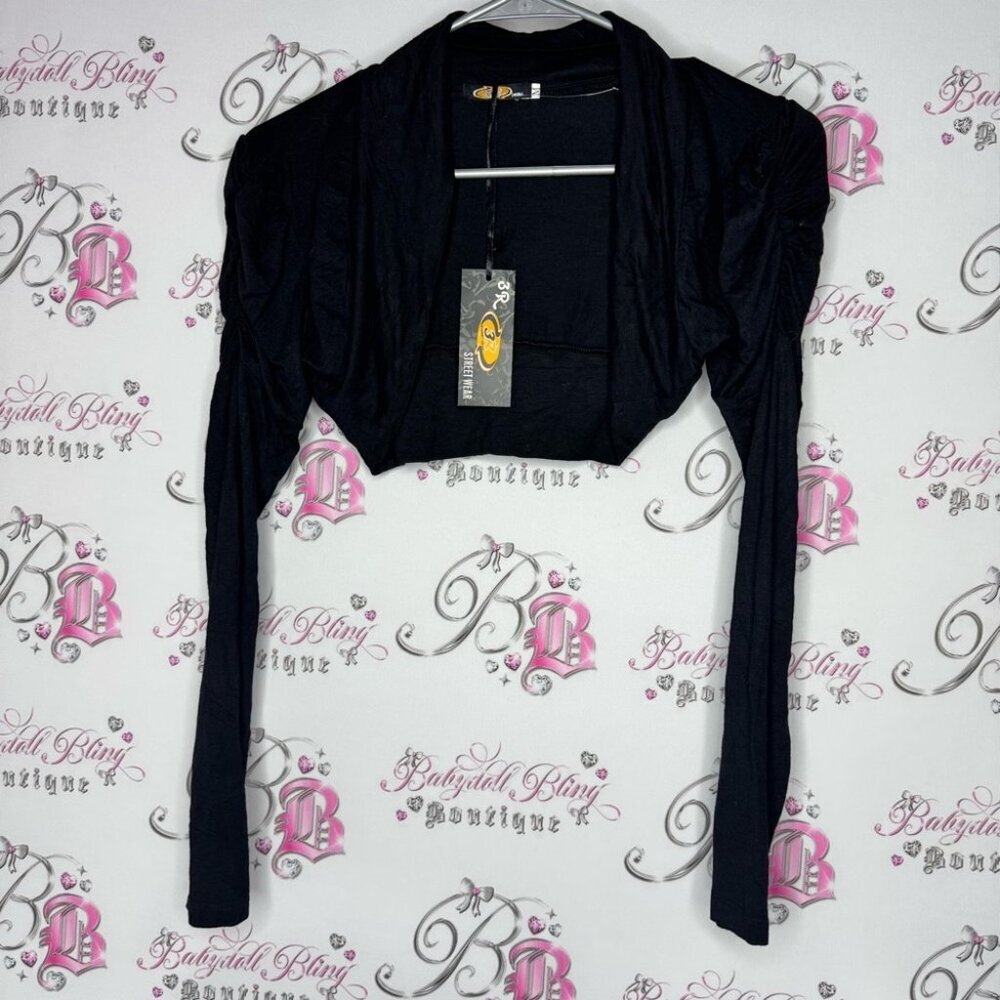 3R streetwear cardigan ruched arm shoulder cinch Black Bolero Shrug BNWT